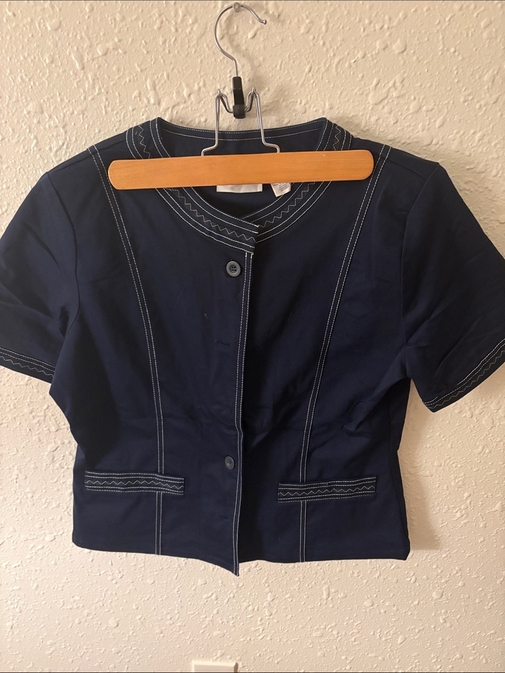 Alfred Dunner Navy Short-Sleeve Jacket with White Stitching